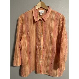 Coldwater Creek Womens Top Size 1X Orange Striped Button Up Embroidered Boho